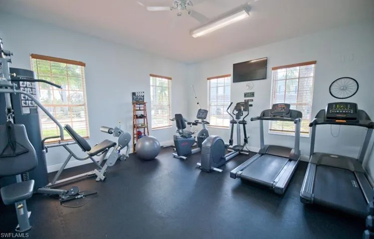 Gym featuring ceiling fan and a healthy amount of sunlight