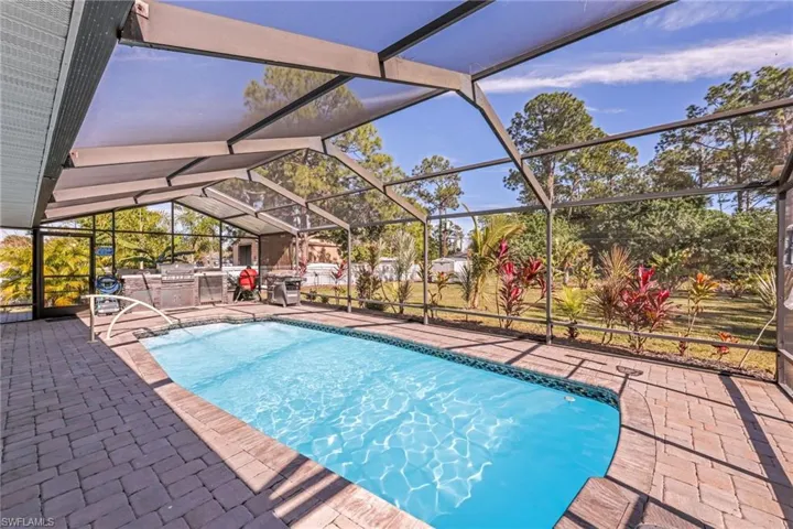 Swimming pool with a lanai, a sunroom, a patio, and exterior kitchen