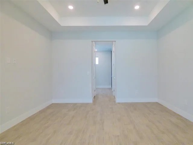 Unfurnished room with a tray ceiling and light hardwood / wood-style flooring