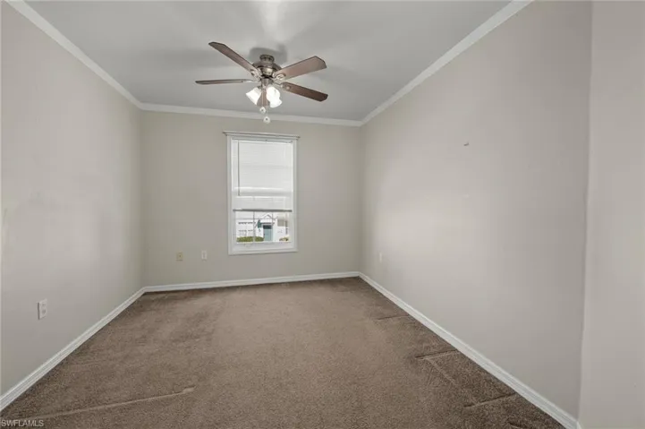 Unfurnished room with crown molding, ceiling fan, and carpet flooring