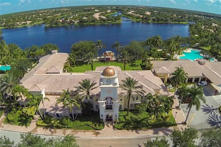 Bird's eye view of a large body of water and a pool area
