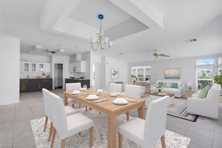 Digital Rendering of dining room, living and kitchen