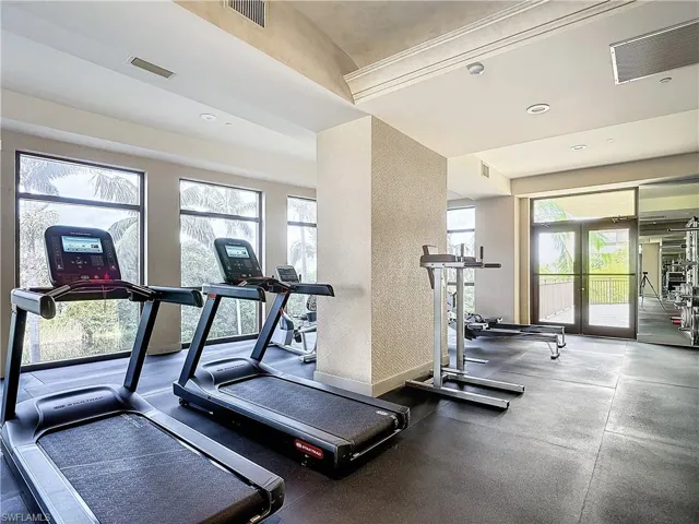 Exercise room featuring crown molding and french doors
