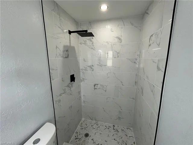 Full bathroom with tiled shower and toilet