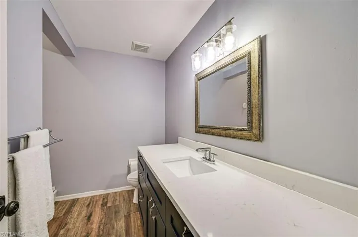 Bathroom with hardwood / wood-style flooring, vanity, and toilet
