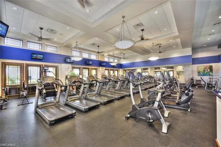 Gym with recessed lighting, a ceiling fan, and coffered ceiling