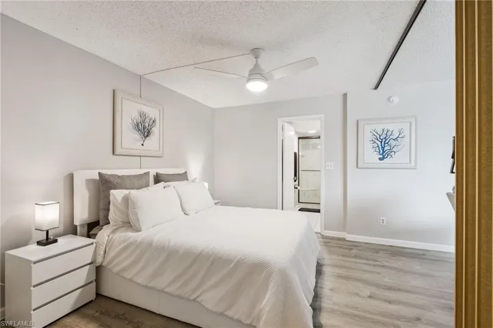 Light-toned wood-finish flooring, a ceiling fan with integrated lighting, and a doorway to an adjacent bathroom with a glass-enclosed shower