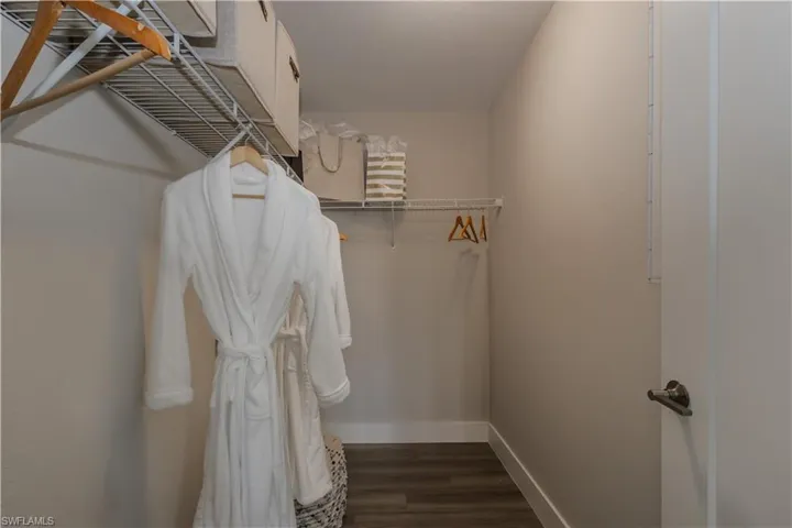Walk in closet with dark wood-style floors