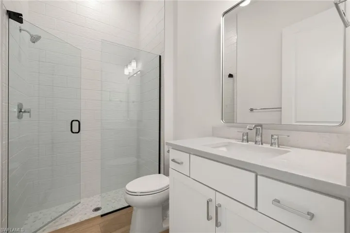 Guest Bathroom featuring vanity, toilet, and walk in shower