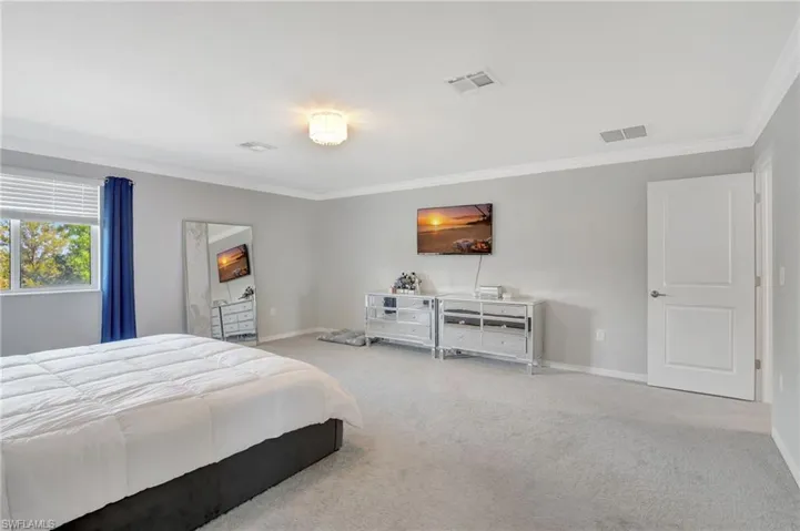 Bedroom with carpet floors, baseboards, and visible vents