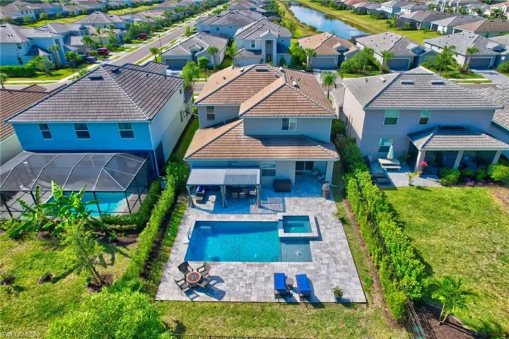 Birds eye view of property with a residential view and a water view