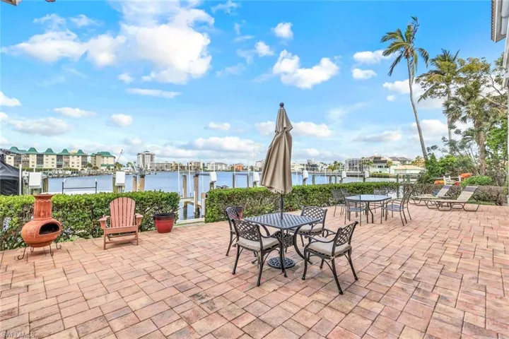 View of patio with a water view