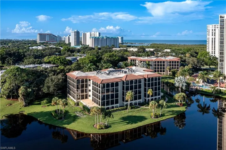 Aerial of back side of building to gulf