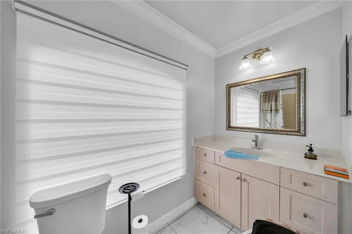 Bathroom featuring crown molding, vanity, and toilet