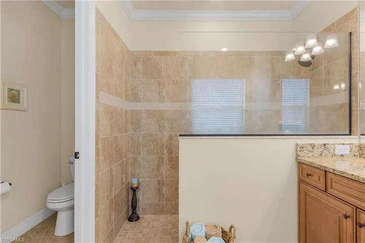 Bathroom featuring vanity, ornamental molding, toilet, and tile patterned flooring