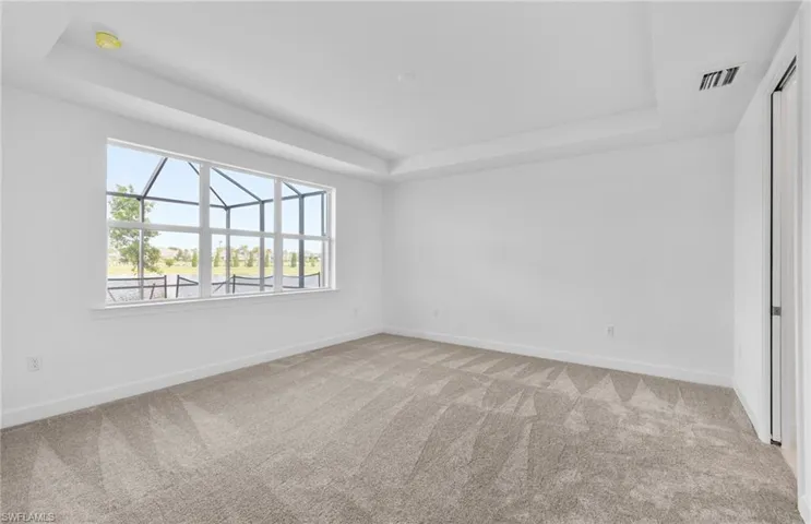 Unfurnished room with carpet floors and a tray ceiling