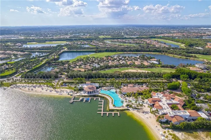 Birds eye view of property featuring a water, pool and boat docks