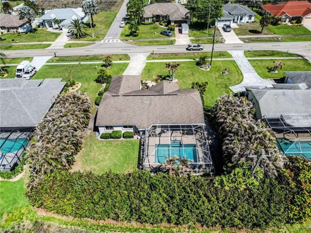 Aerial view of residential area with a pool
