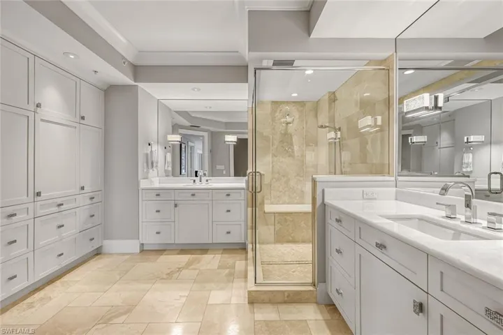 The bathroom offers an extraordinary amount of storage space.