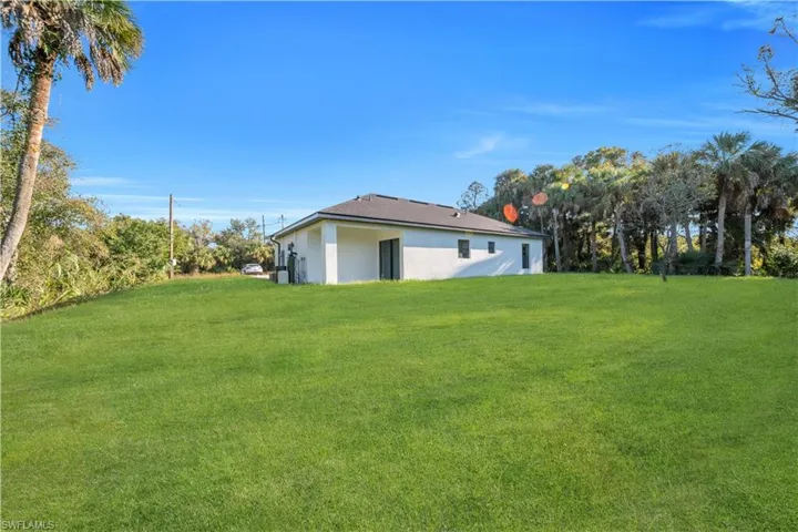 Spacious backyard featuring a manicured lawn, a single-story residence with a dark-pitched roof, and mature palm trees defining the property line
