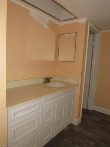 Bathroom featuring wood-type flooring and vanity