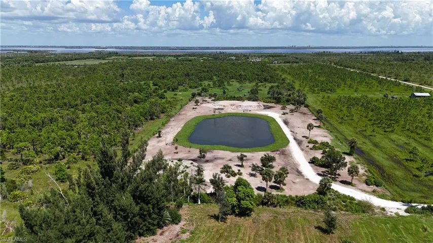 Bird's eye view of a nearby body of water and a forest