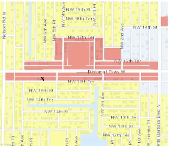 X =subject.  Red area is zoned commercial/professional