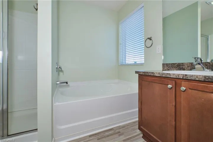 Full bath featuring vanity, light wood-style floors, a shower stall, and a bath