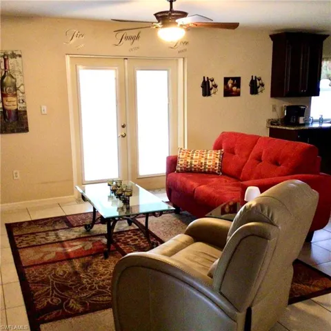 Another view of the French doors and living room.