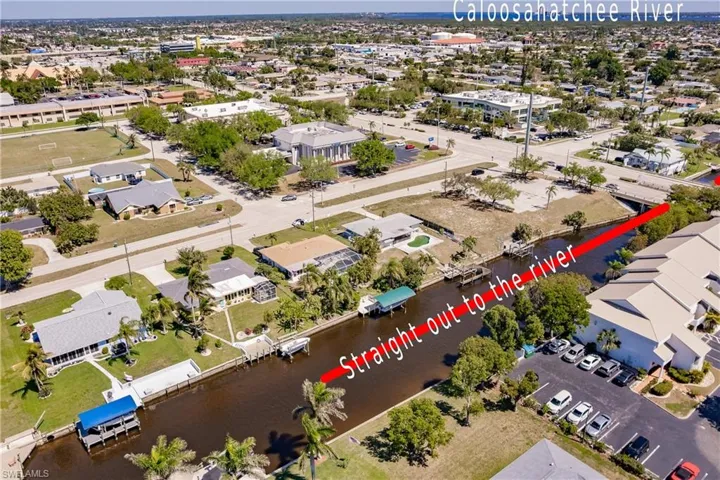 Aerial view featuring a water view and direct access to the river