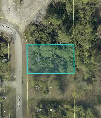 Aerial overview of property's location featuring property boundaries highlighted