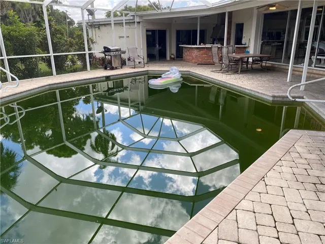 View of swimming pool featuring a lanai, a grill, and a patio