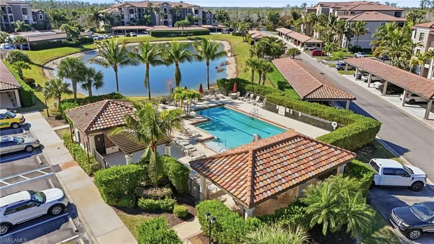 Bird's eye view of a large body of water and a pool