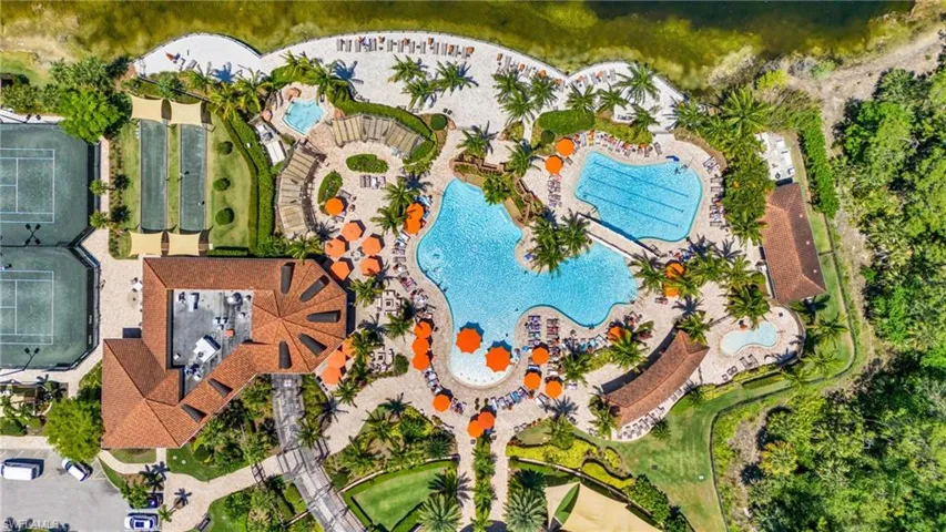 Drone / aerial view of a pool area