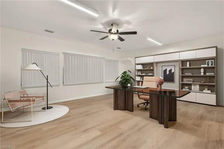 Virtual Staging Office area featuring ceiling fan and light wood-type flooring