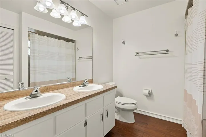 Bathroom with hardwood / wood-style floors, vanity, and toilet