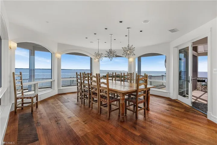 Dining room featuring a water view through a bank of windows