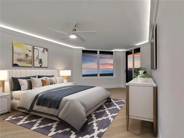 Expansive Primary suite with direct Gulf views and vistas of Sanibel and Fort Meyers Beach as well as Eastern views of Pelican Bay and City of Naples. Recessed crown LED lighting, his and her's walk-in closets.