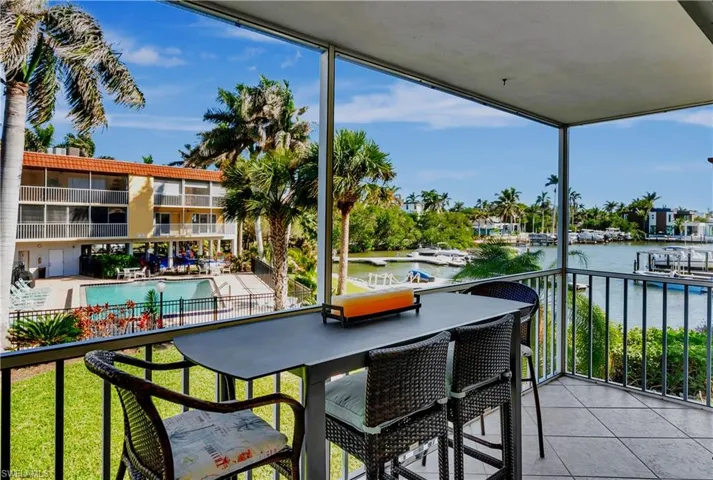 Screened-in lanai with a water view and view of pool area