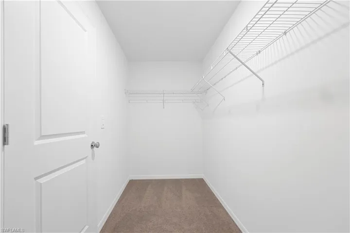 Walk in closet with dark colored carpet