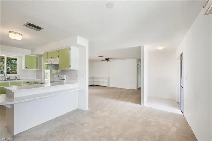 Kitchen with electric range, under cabinet range hood, green cabinetry, light carpet, and light countertops