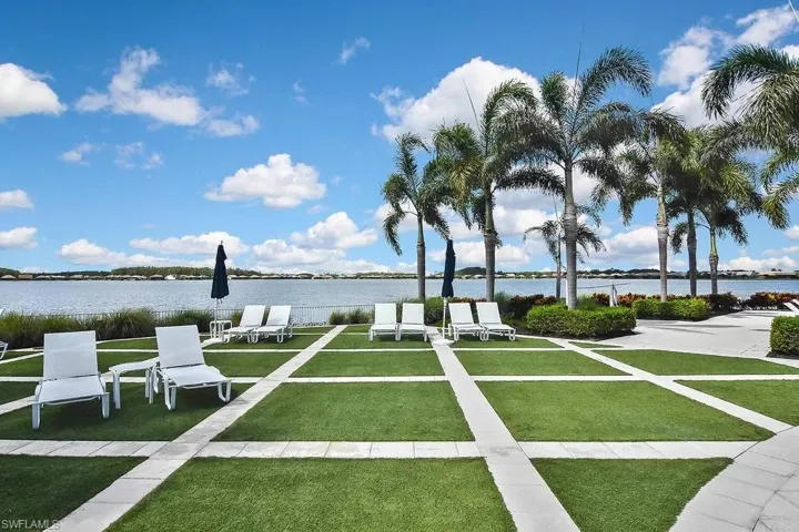 View of home's community featuring a lawn and a water view