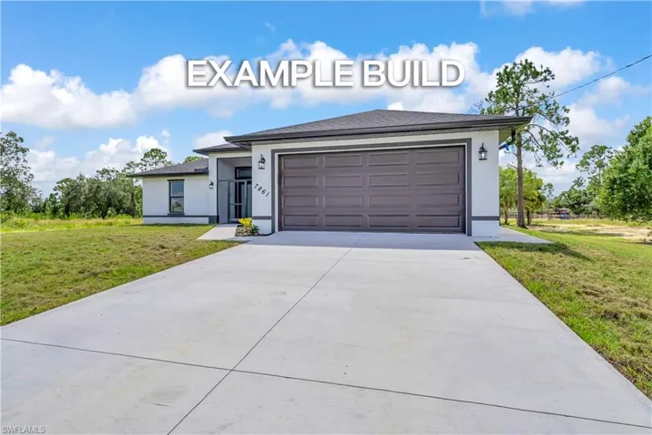 View of front facade featuring a front yard, stucco siding, concrete driveway, and a garage