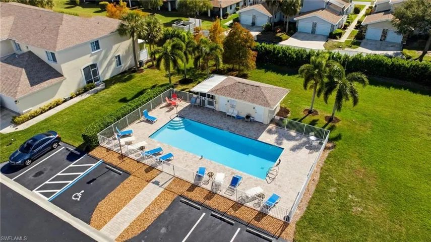Aerial view of residential area with a pool