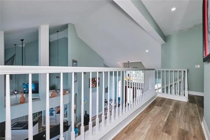 Bedroom with recessed lighting, light wood-style flooring, lofted ceiling, access to outside, and ceiling fan