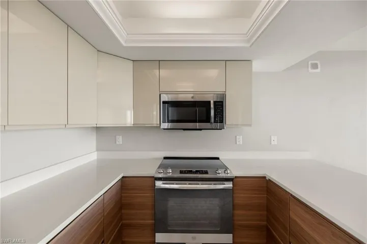 Kitchen with stainless steel appliances and a raised ceiling