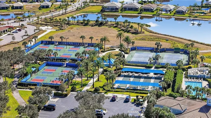 Aerial view of residential area with a large body of water