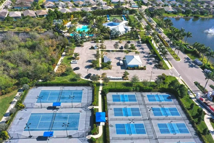 Birds eye view of property with a water view