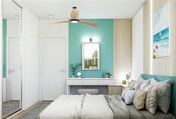 Bedroom with wood finished floors and a ceiling fan