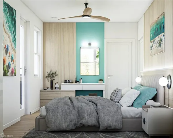 Bedroom featuring wood finished floors and ceiling fan